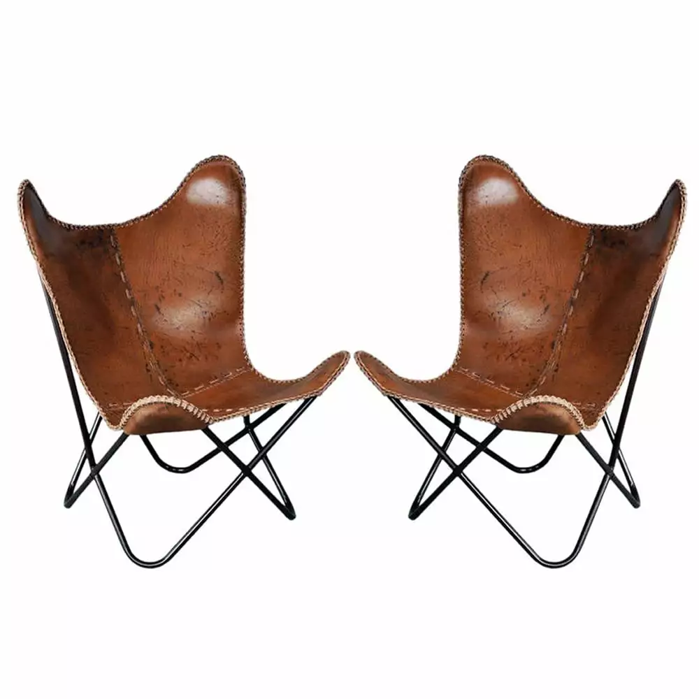 Pair Genuine Leather Butterfly Chair Modern Sling Accent Seat - Contemporary Lounge Texandecor