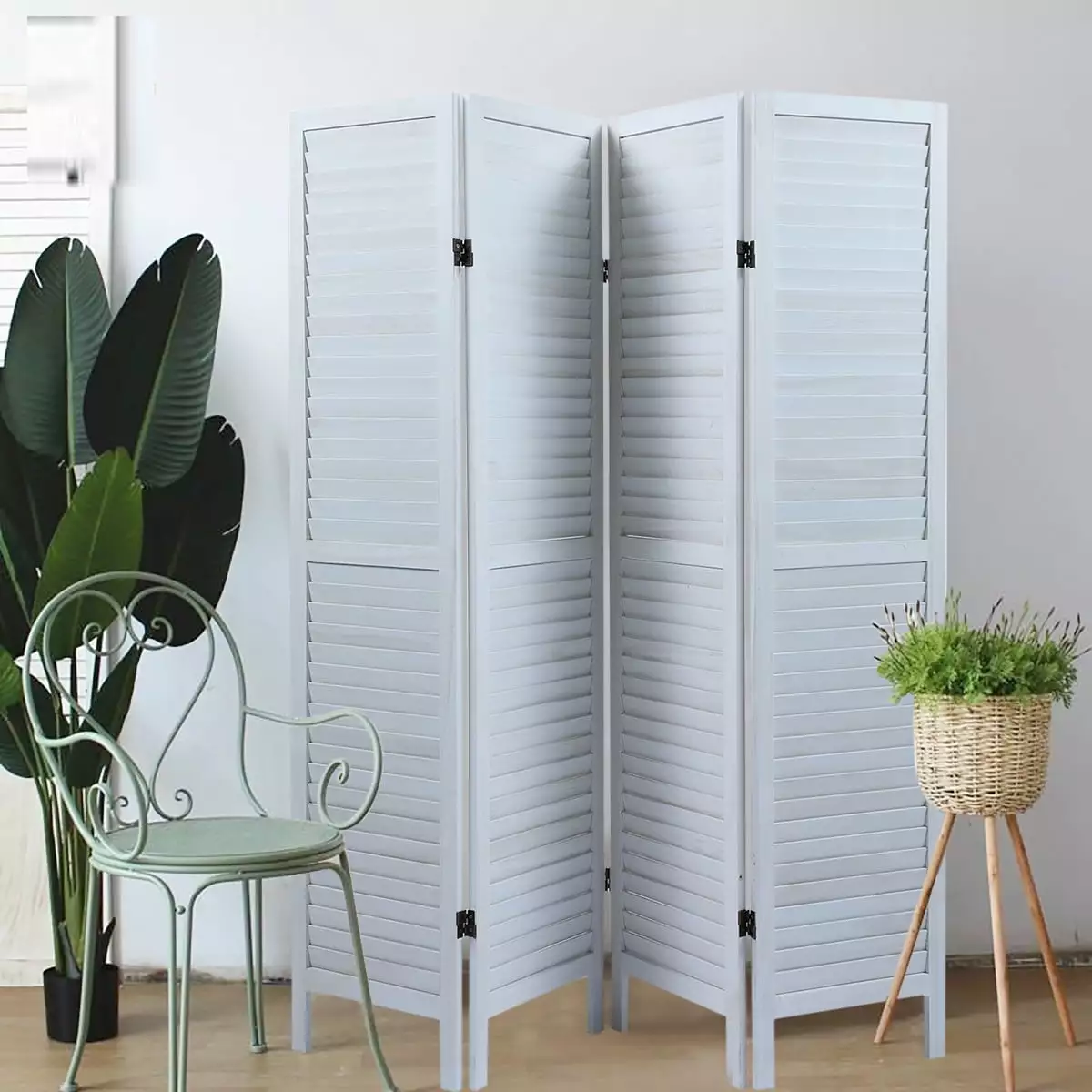 Kepooman 4 Panel Louvered Room Divider Folding Privacy Screen Dual-Action Hinges White