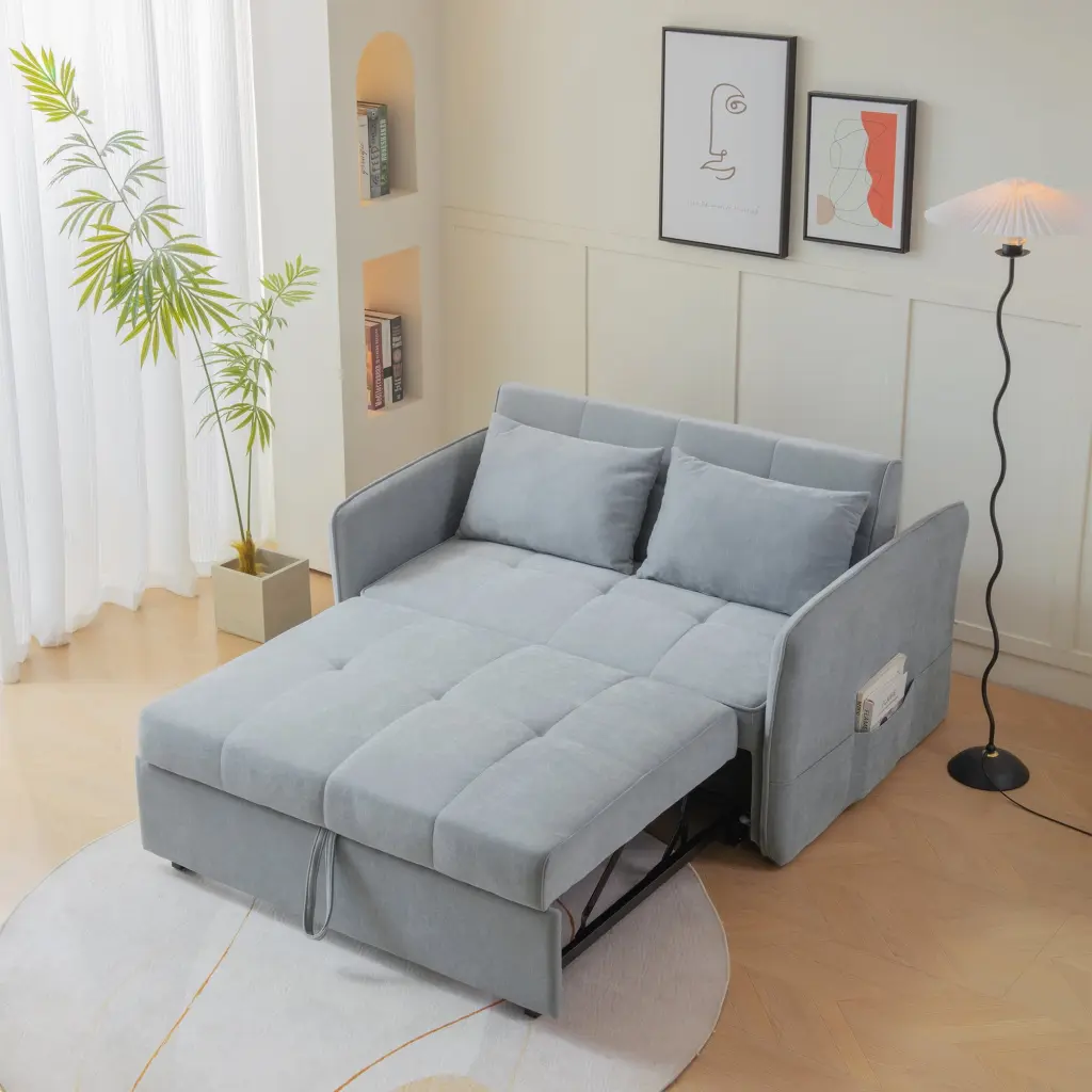 DeeHome Chenille Fabric Pull-Out Sofa Bed Sleeper Loveseat Couch Adjustable Armrests - Grey