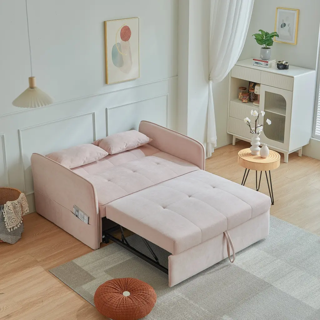 DeeHome Chenille Fabric Pull-Out Sofa Bed Sleeper Loveseat Couch Adjustable Armrests - Pink