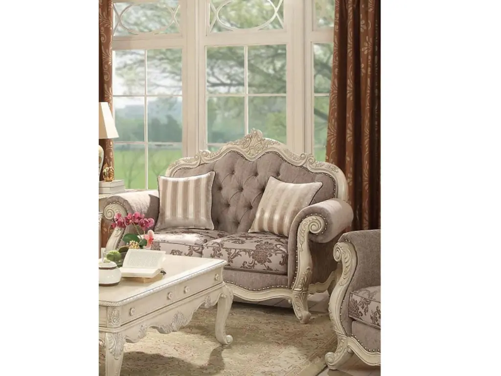 Acme Ragenardus Loveseat 2 Pillows Gray Fabric & Antique White 56021 - Vintage Living Room Sofa