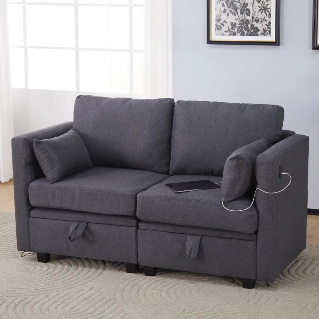 55Modern Loveseat 2-Seater Sofa Chaise and USB Port - Gold-Tone Metal Legs Small Spaces BonChoice