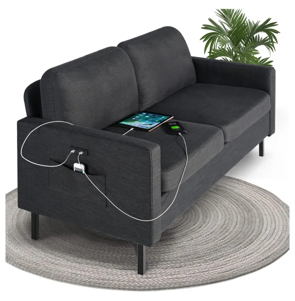 DieJedXi 56 W Fabric Loveseat Sofa 2 USB Small Couches Living Room Bedroom Office Dark Grey