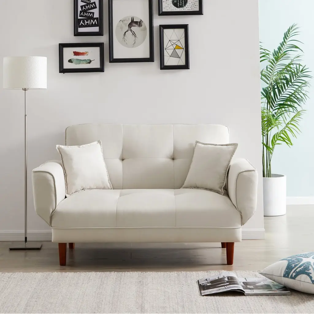 Modern Chenille Loveseat Sofa 2 Beige Pillows - Easy Install 2-Seater Couch Living Room Generic