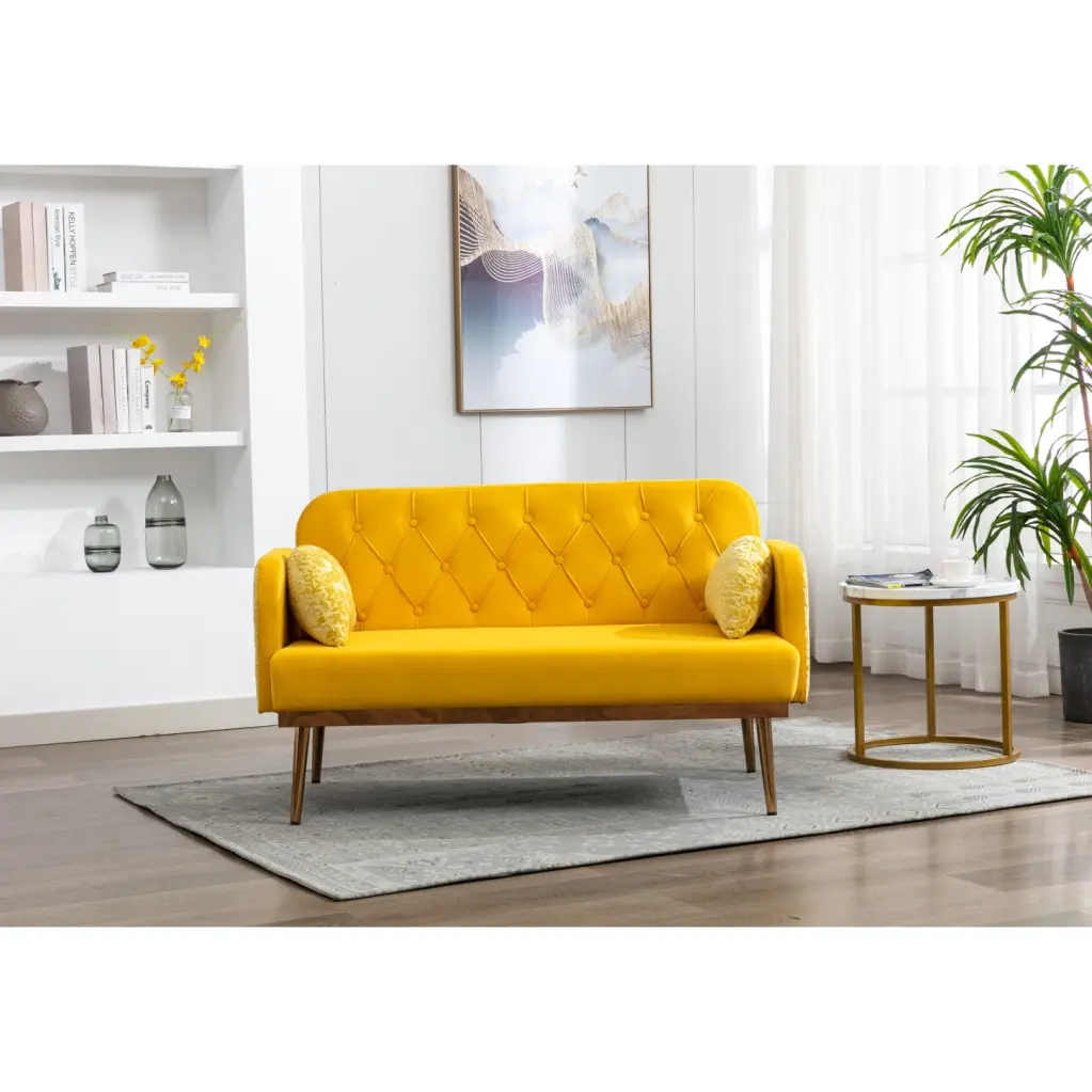 Stylish Yellow Velvet Accent Sofa Rose Gold Metal Feet Contemporary Decor HATNOKIL