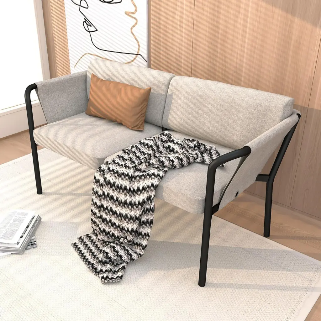 Iron Frame Fabric Loveseat Sofa 56 Modern 2 Seater Couch Metal Legs Small Spaces jq01