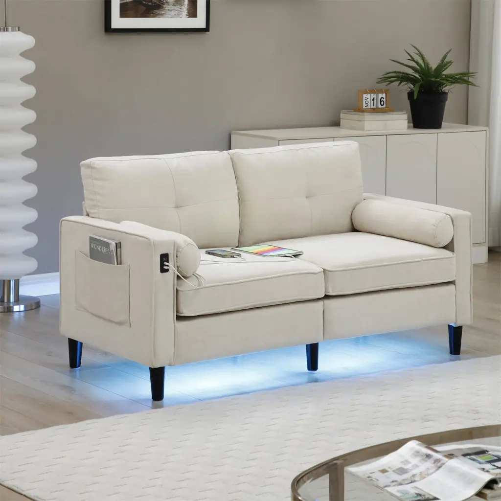 58 Inch Modern Loveseat Sofa 2 USB Ports Side Pockets LED Lights Power Small Couch Apartment LULEEYANG