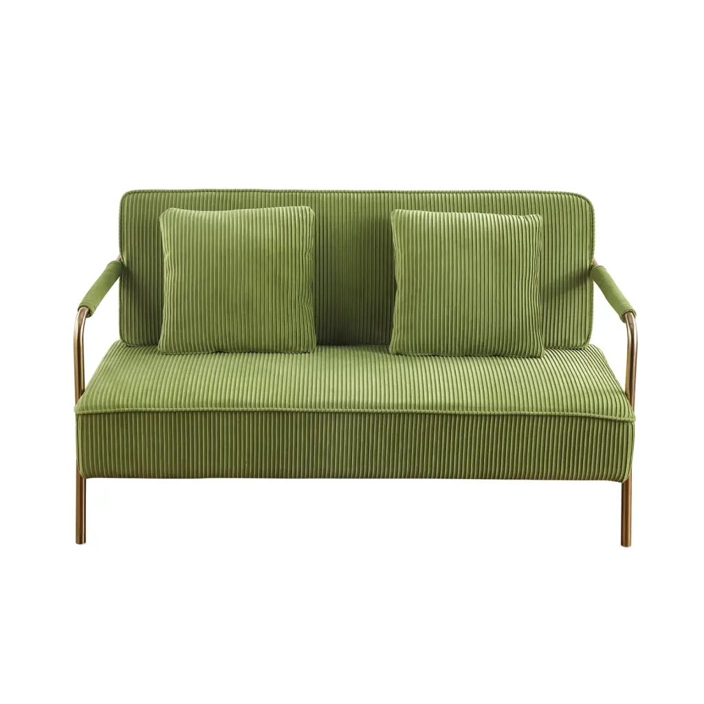 Modern Upholstered Pleated Velvet Loveseat 2 Seater Small Sofa Couch Gold Metal Legs and Throw Pillows Olive Green Miekor