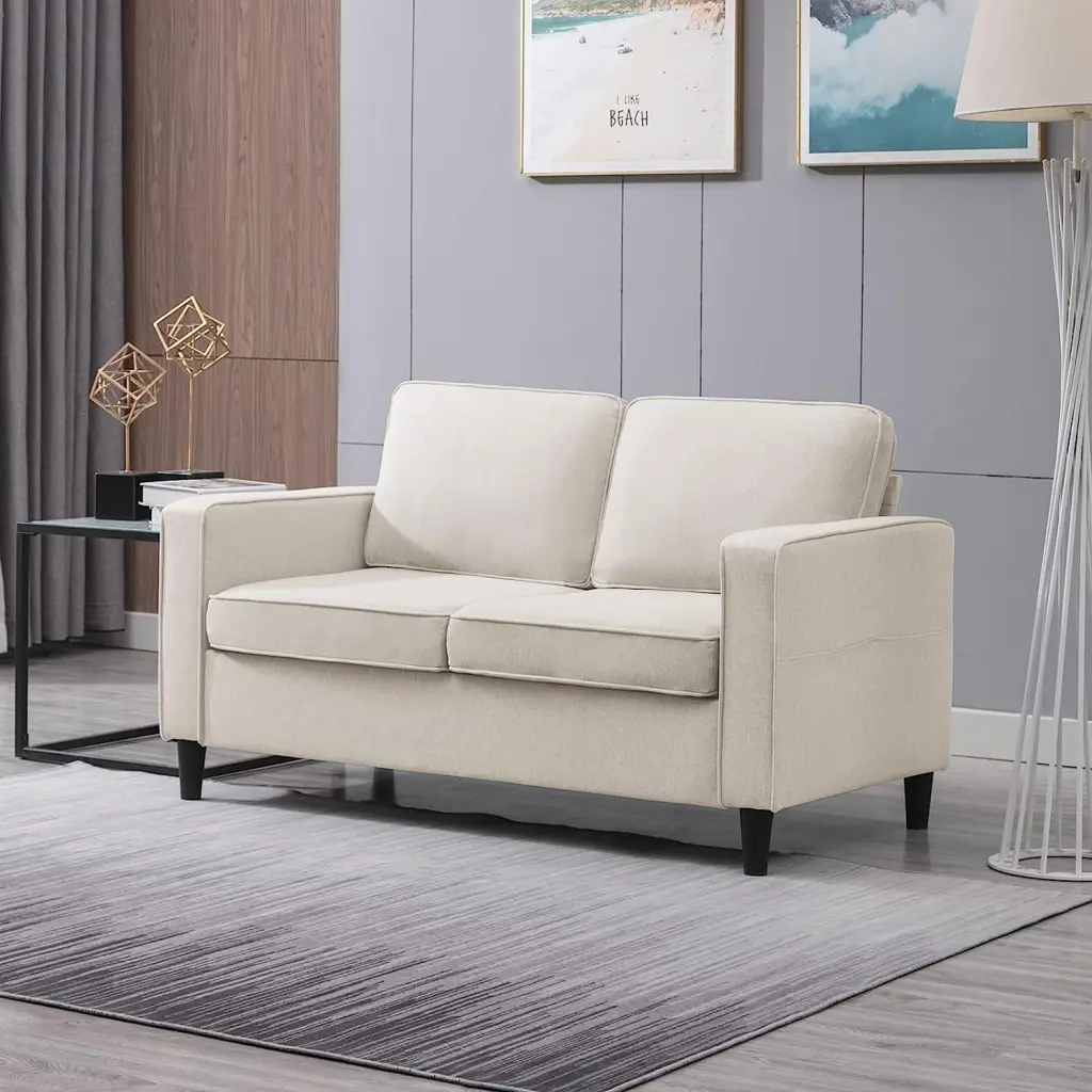Modern Fabric Love Seat Mini Couch Armrest Pockets 54.7 2 Seat Small Couches Living Room Beige
