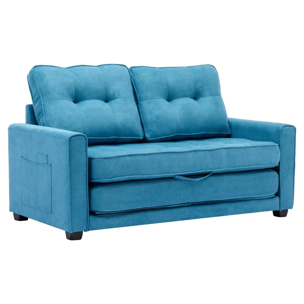 Stylish 59.4 Blue Loveseat Sofa Pull-Out Bed Chenille Upholstered Couch Side Pocket Ponnky