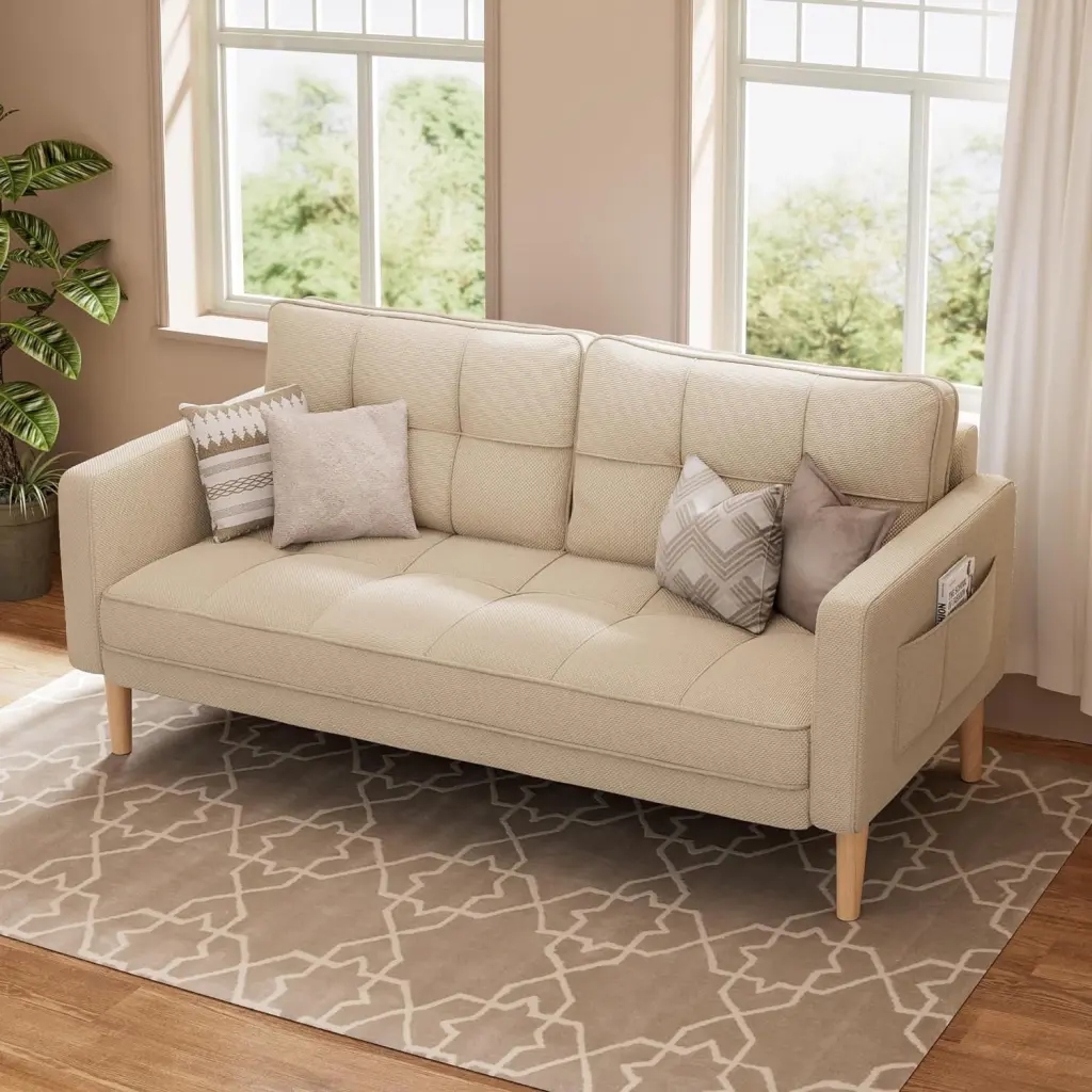 67 Inch Sofa Couch Loveseat Deep Seats Comfort Backrest and Sturdy Wood Legs Beige Puapli