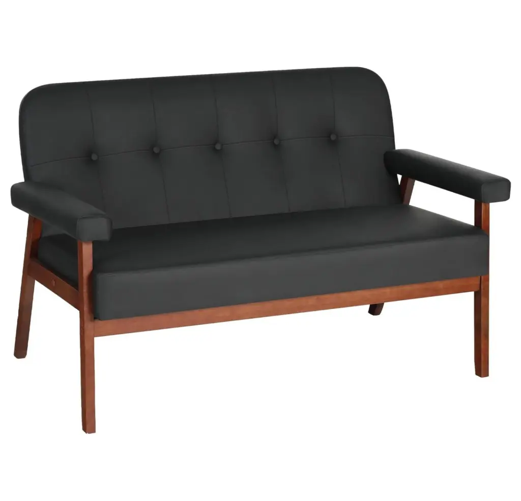 saney 50W Black Faux Leather Small Office Loveseat Sofa Wood Arms - Modern Love Seat Living Room Bedroom