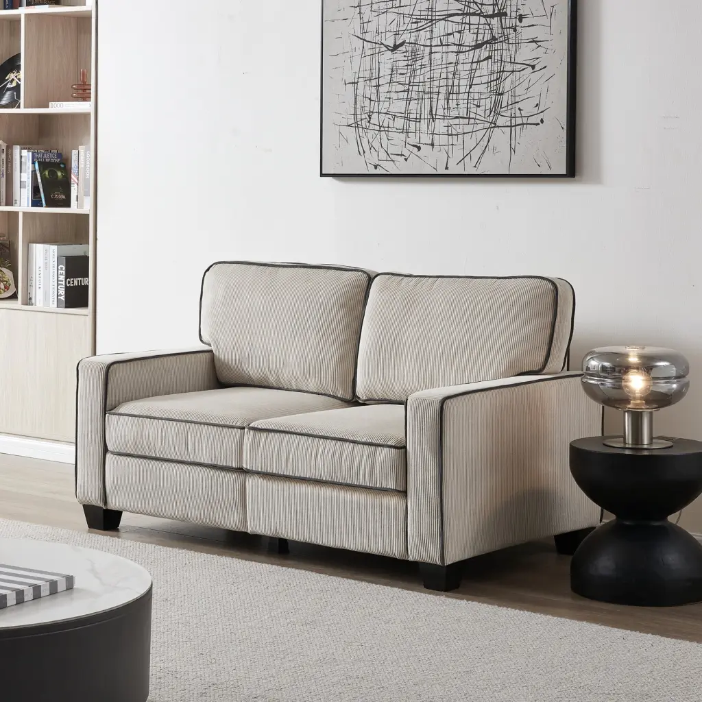 Beige Corduroy Loveseat Sofa Living Room Comfortable Seating Convenient Storage Space SNAILF