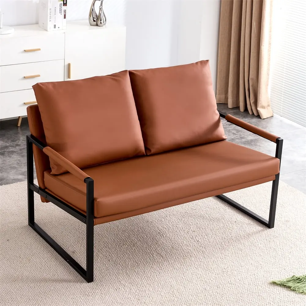 Two-Seater PU Leather Sofa Chair 2 Pillows and Sturdy Metal Frame Mid-Century Loveseat Triple Tree