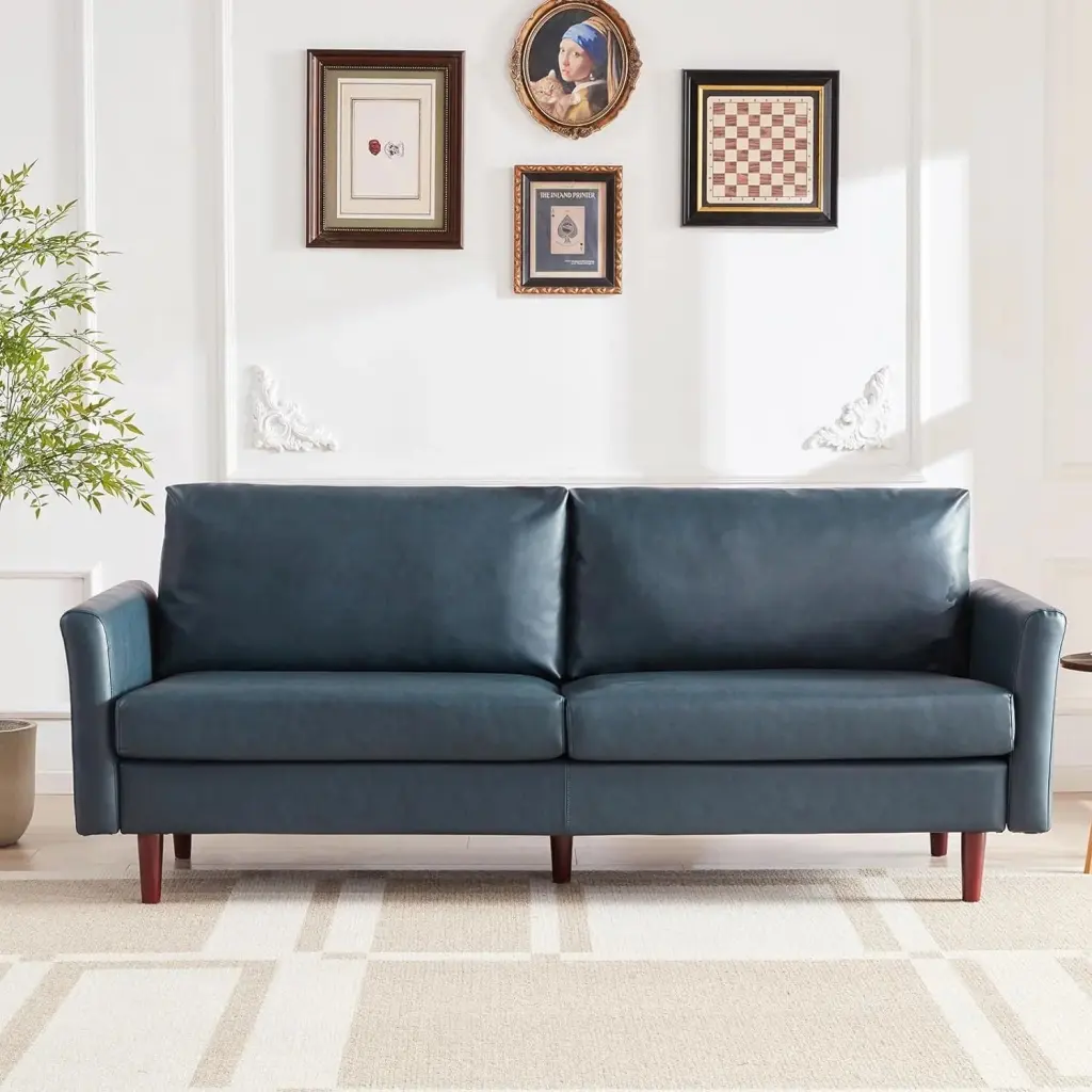 80 Inch Faux Leather Sofa 3 Seater Mid-Century Modern Loveseat Couches Living Room Easy Assembly Blue unknown