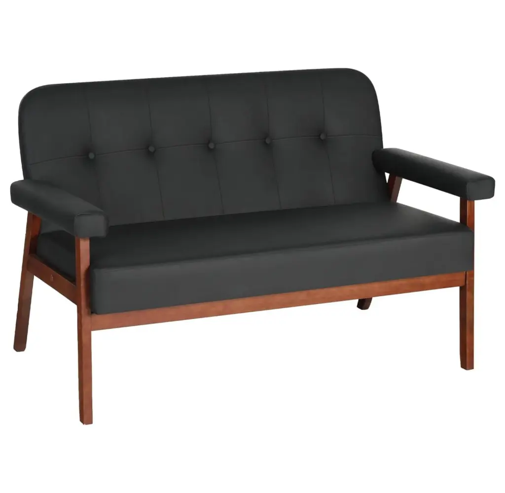 Werqueid 50W Black Faux Leather Small Office Loveseat Sofa Wood Arms - Modern Love Seat Living Room Bedroom