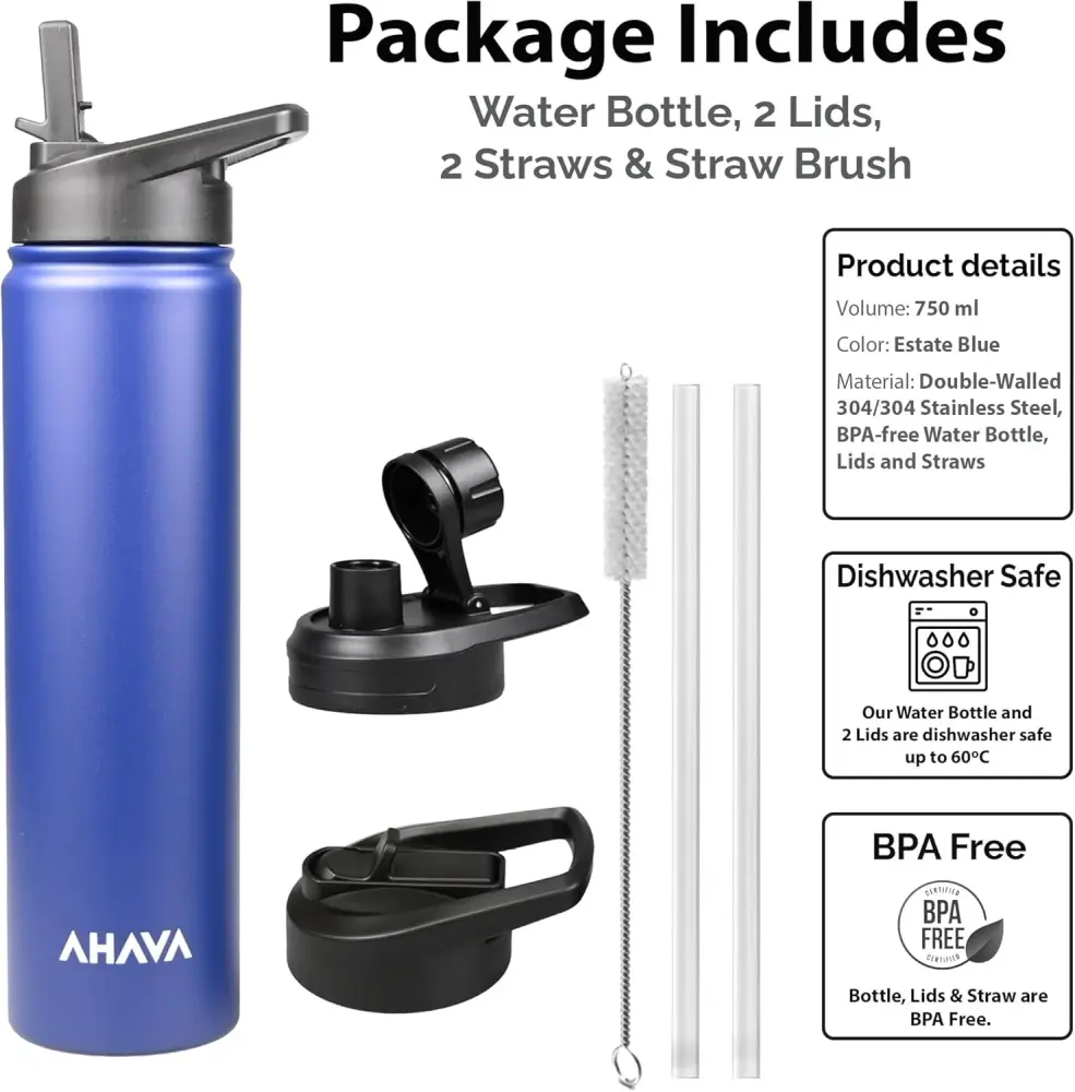 AHAVA 750ml Insulated Water Bottle | 12H Hot, 24H Cold | BPA-Free| 2 Lids: Straw & Spout | Dishwasher Safe, Premium Stainl...