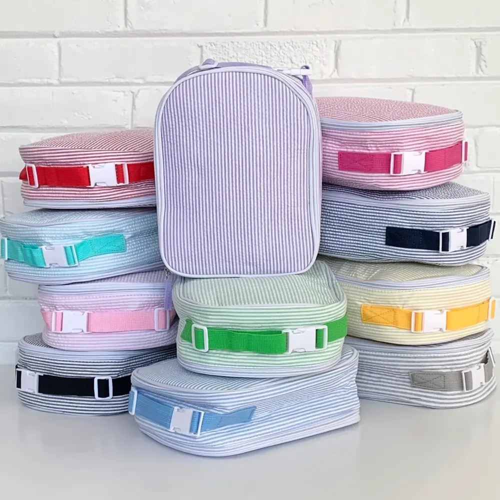 MONOGRAM PINK SEERSUCKER LUNCH TOTE