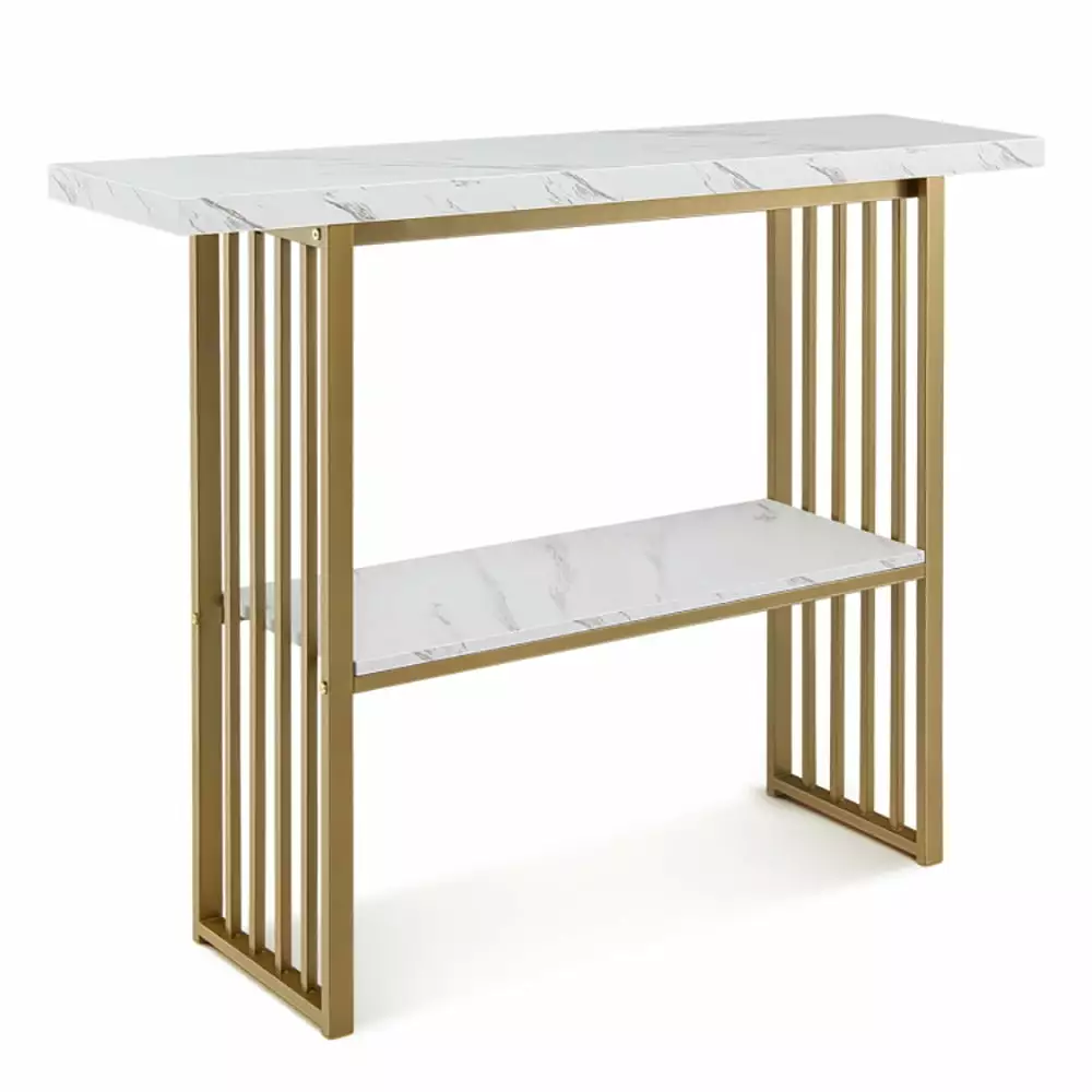 YYAo 48 Inch 2-Tier Console Table Gold Finished Frame White Entryway Sofa Table Console