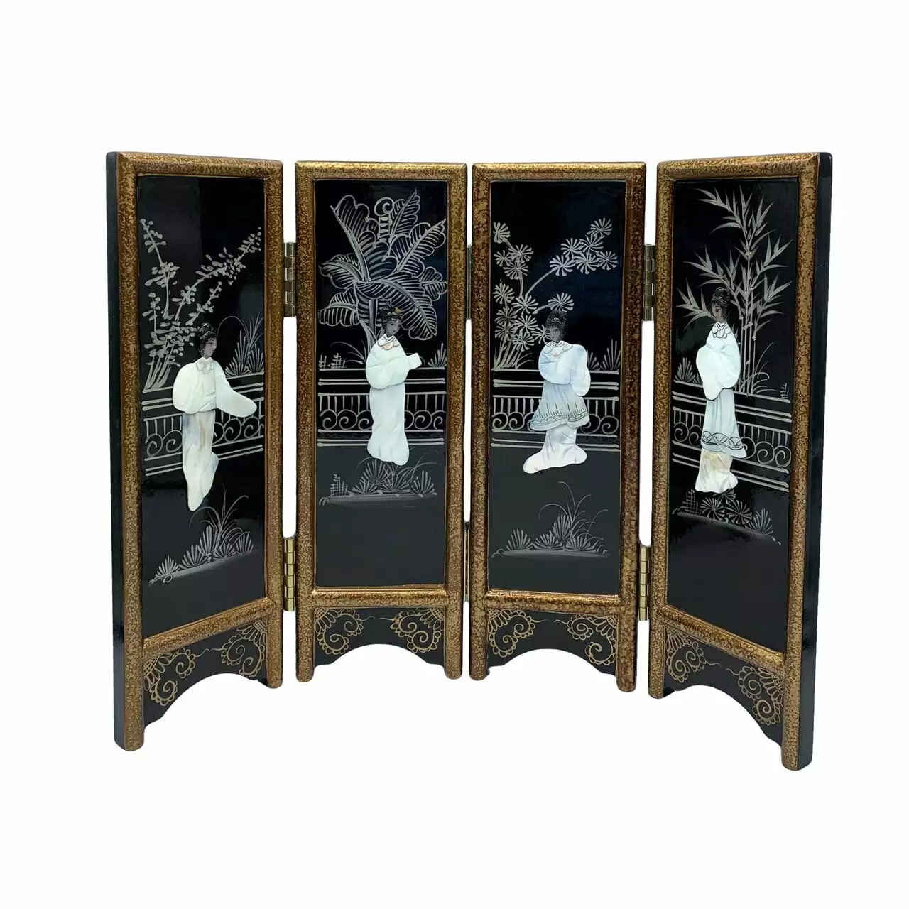 14 H Hand Painted Oriental Black Lacquer Mother Pearl Folding Screen Oriental Furniture Warehouse