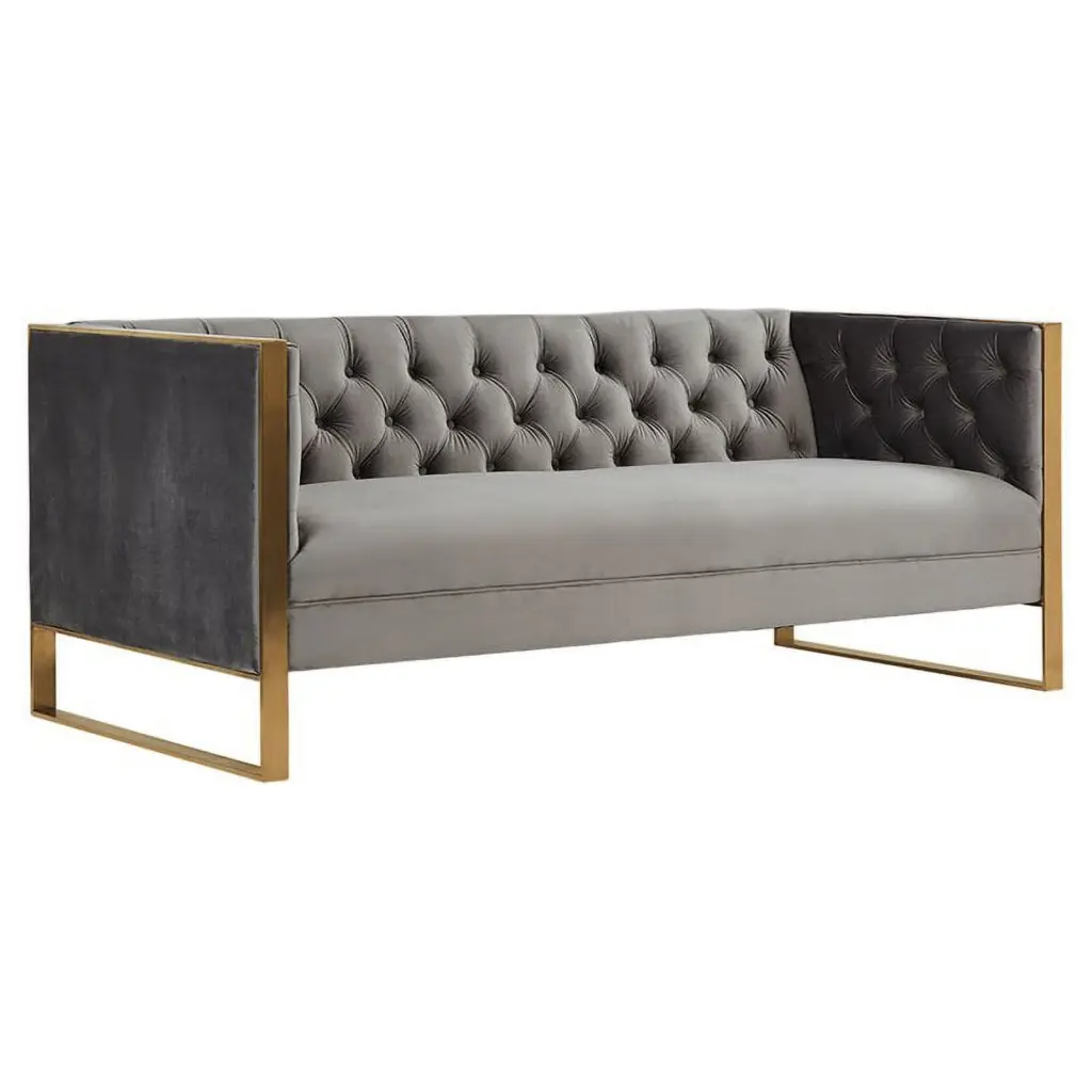 Divani Casa Carlos Modern Stainless Steel Velvet Upholstered Sofa Gray Gold