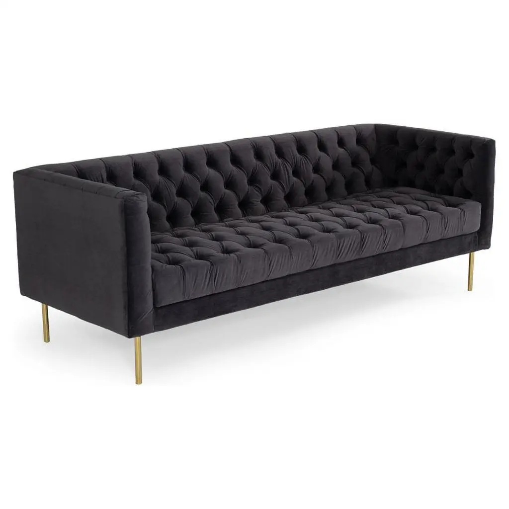 Divani Casa Chavez Diamond Tufted Velvet Solid Wood Sofa Dark Gray Gold