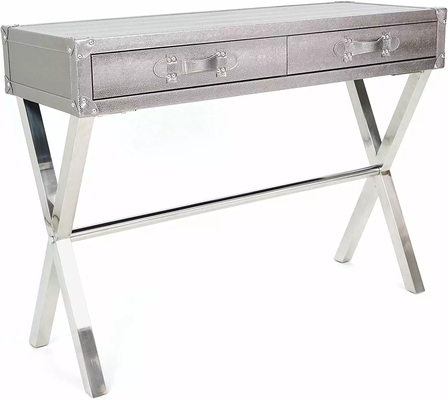 Empire Art Direct Silver Lizard Exotic Leather Console Table Stainless Steel Legs Console