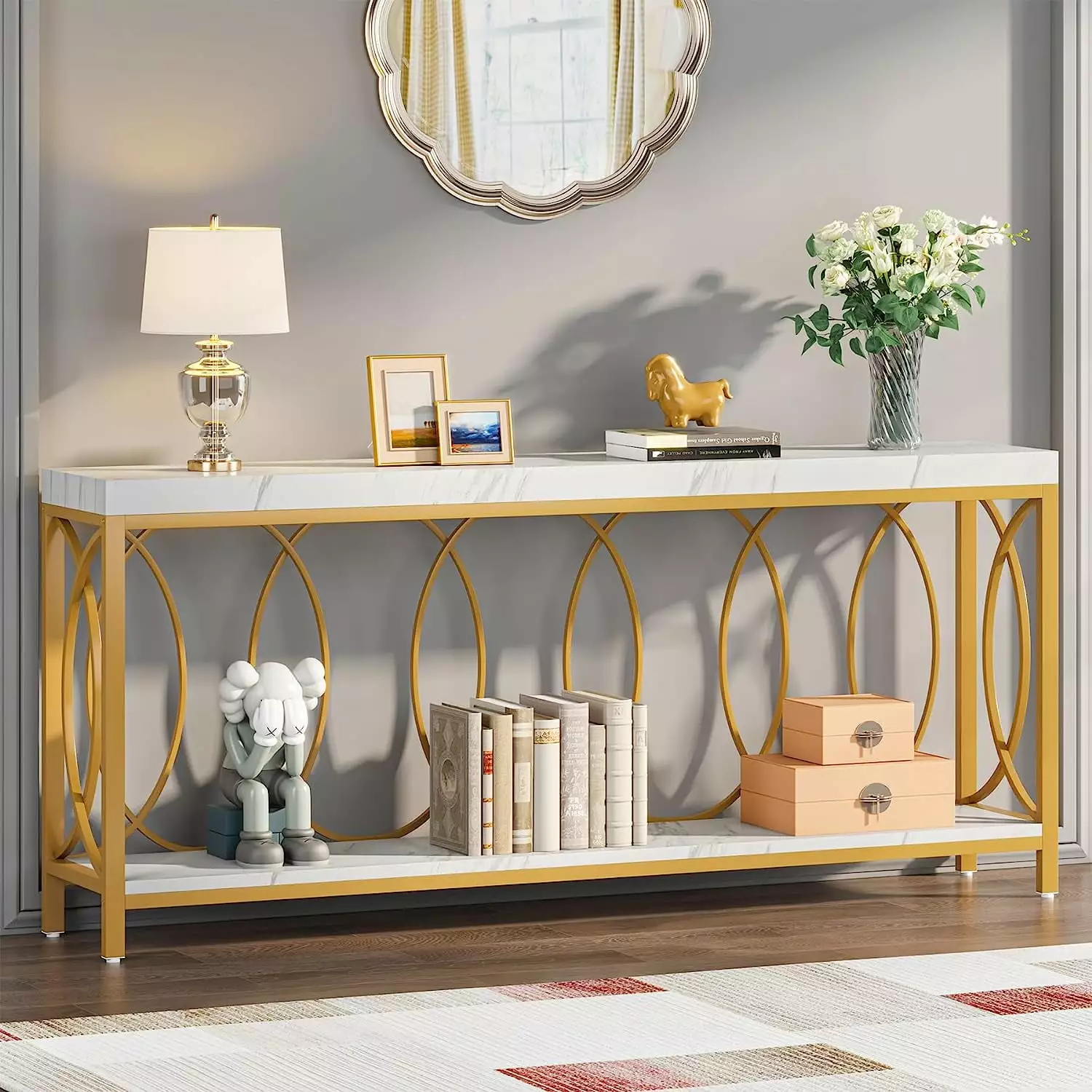 Tribesigns 71 Inch Golden Console Table Faux Marble Top and Gold Base Entryway Console