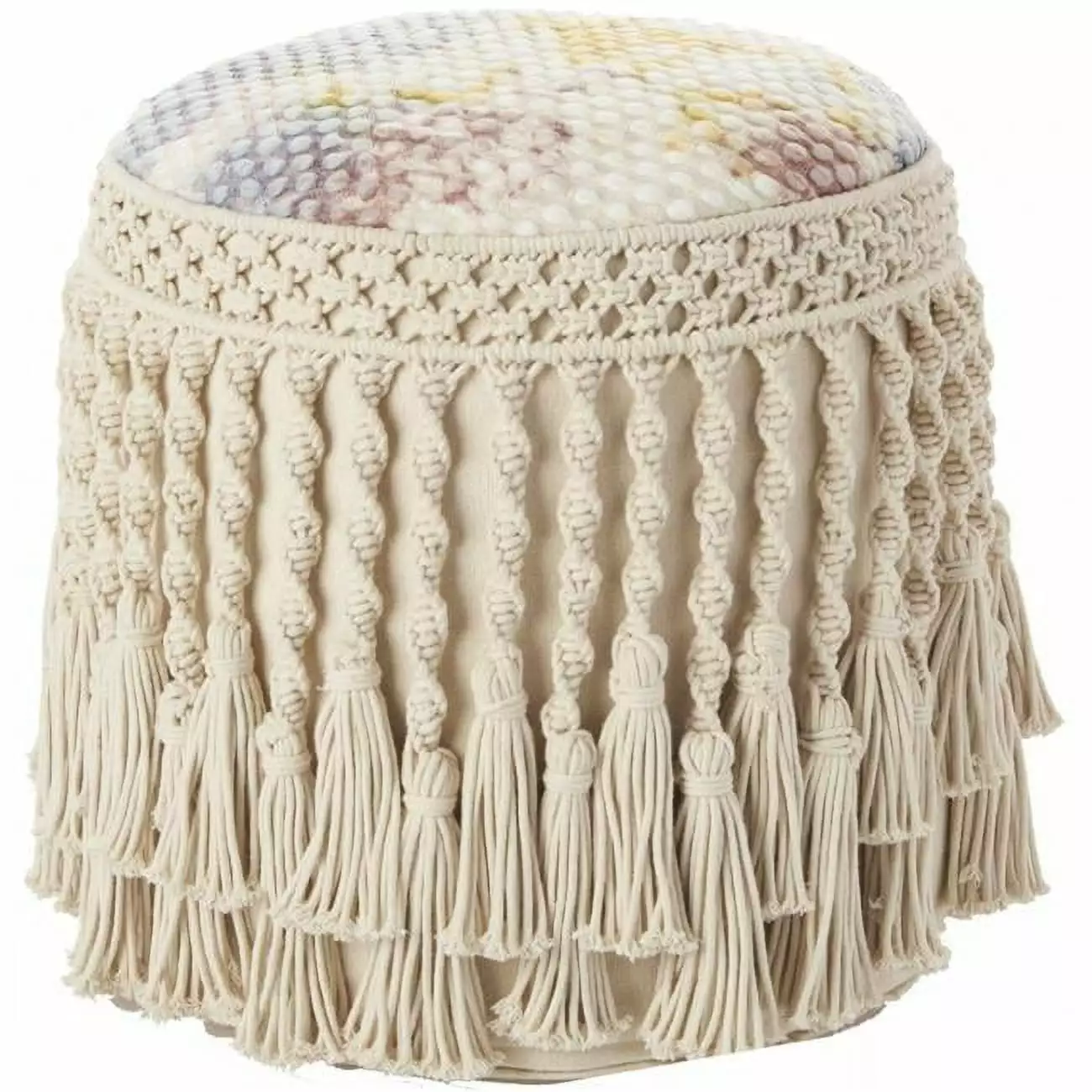 HomeRoots 18 Boho Macrame Round Pouf Ottoman Ivory Handmade Footrest