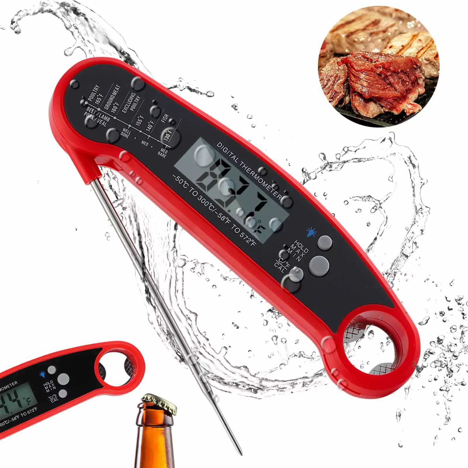 Stainless Steel Digital Meat Thermometer Folding Probe Blue Backlight Display and Bottle Opener
