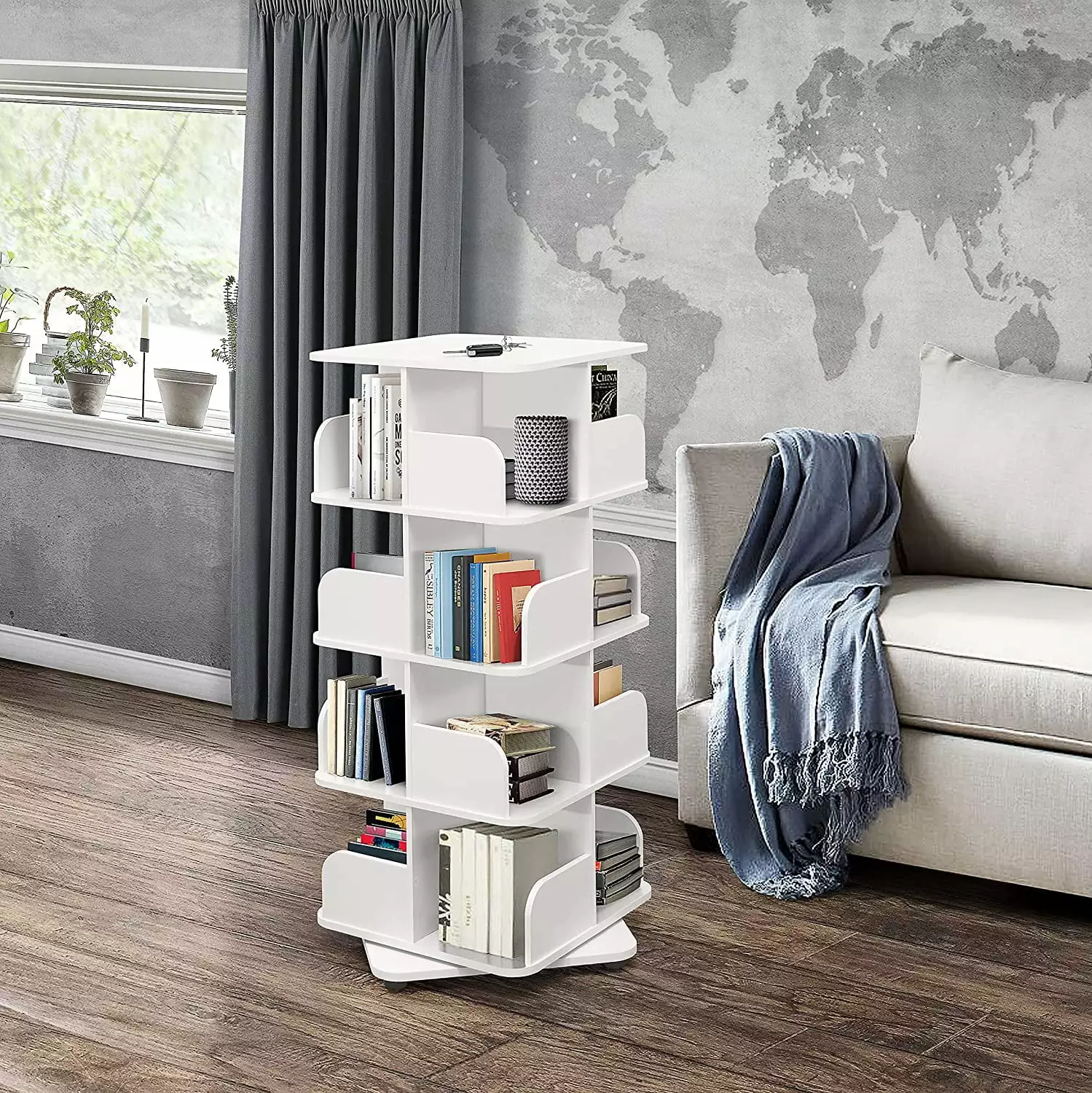 YAQININ 4-Tier Revolving Bookcase Bookshelf Media Storage Cabinet White Floor Standing Organizer