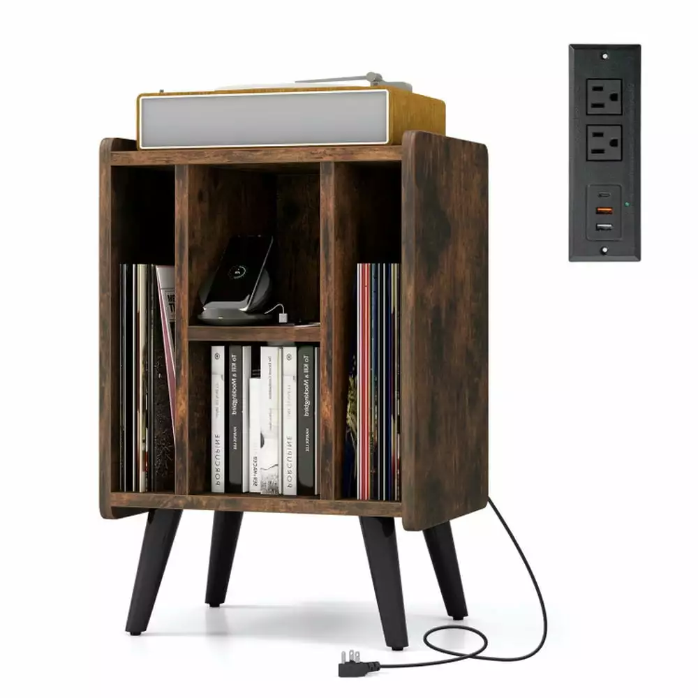 YYAo Vinyl Record Storage Turntable Stand 4 Open Shelves - Brown LP Record Cabinet Organizer