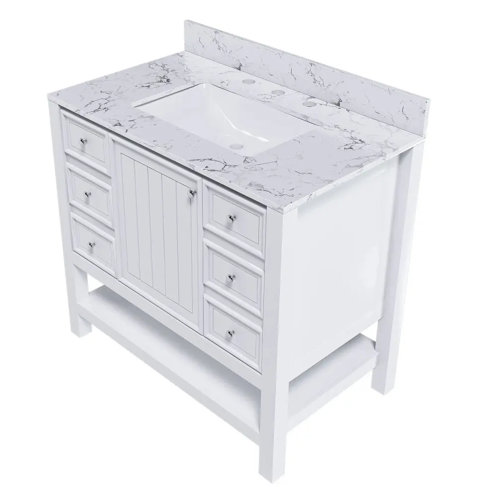 37" Bathroom Vanity Artificial Marble Carrara Top, Several Functional Cabinet Doors And Drawer - White