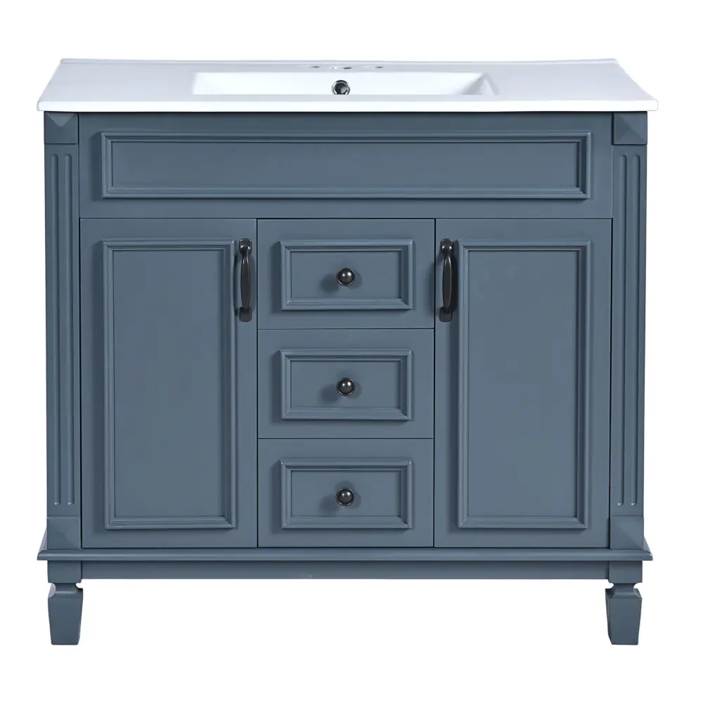 36" Bathroom Vanity Top Sink, Basin On Cabinet 2 Soft Closing Doors And 2 Drawers - Indigo