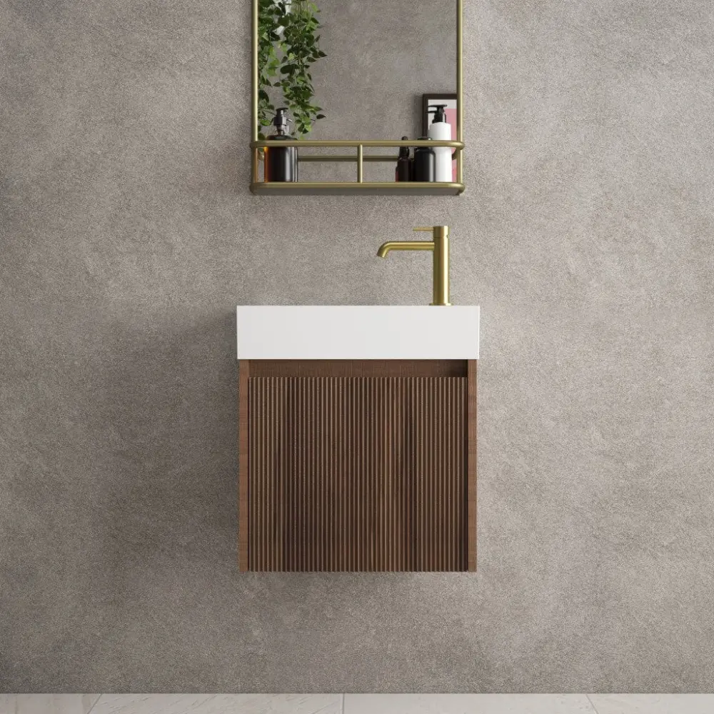 Scanalato Unitary Door Vanity Unit Beyondstone Basin - Walnut 450mm