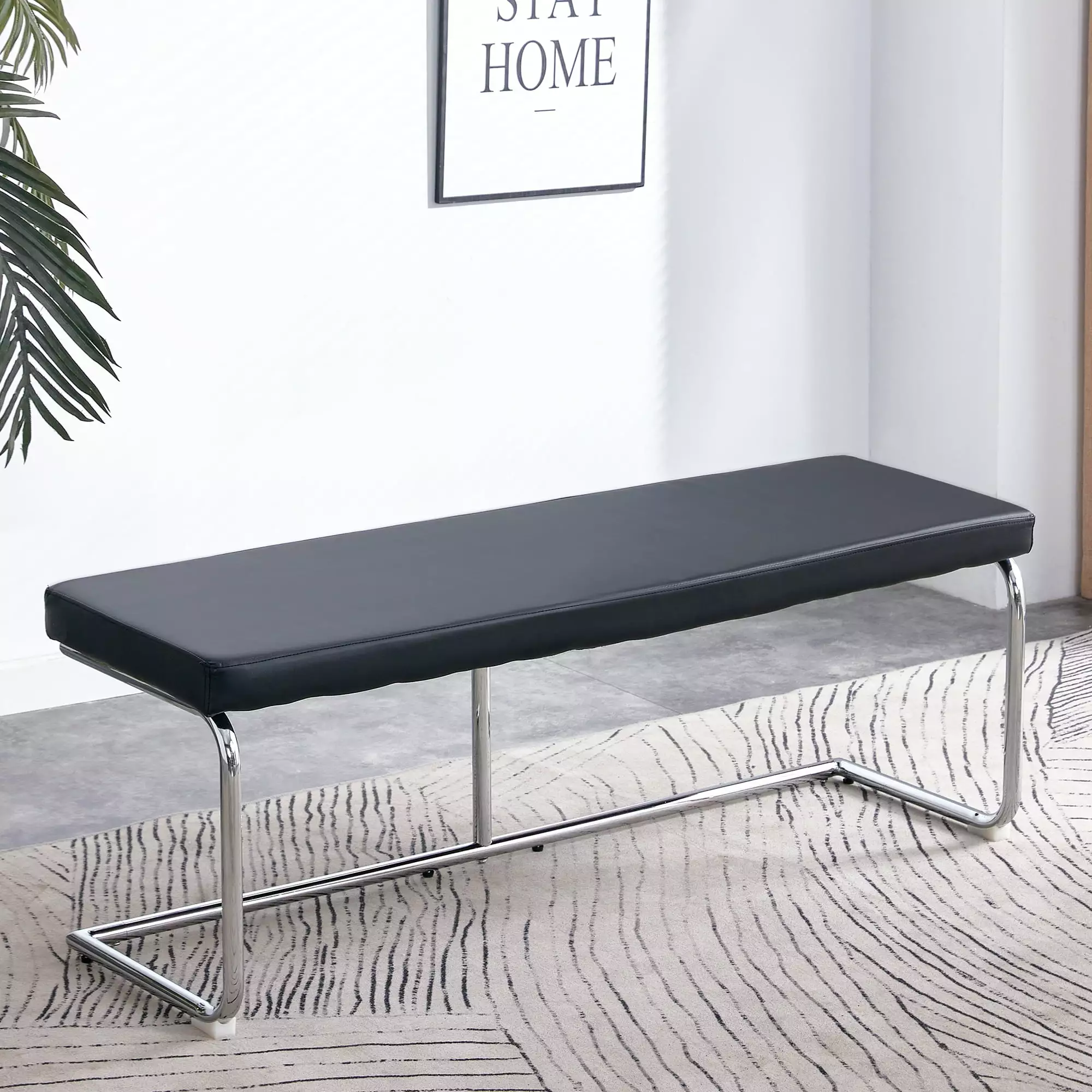 51.6 Inch Decorative Stainless Steel Contemporary Faux Leather Bench Entryway Bedroom Dining Kitchen Black Benches None