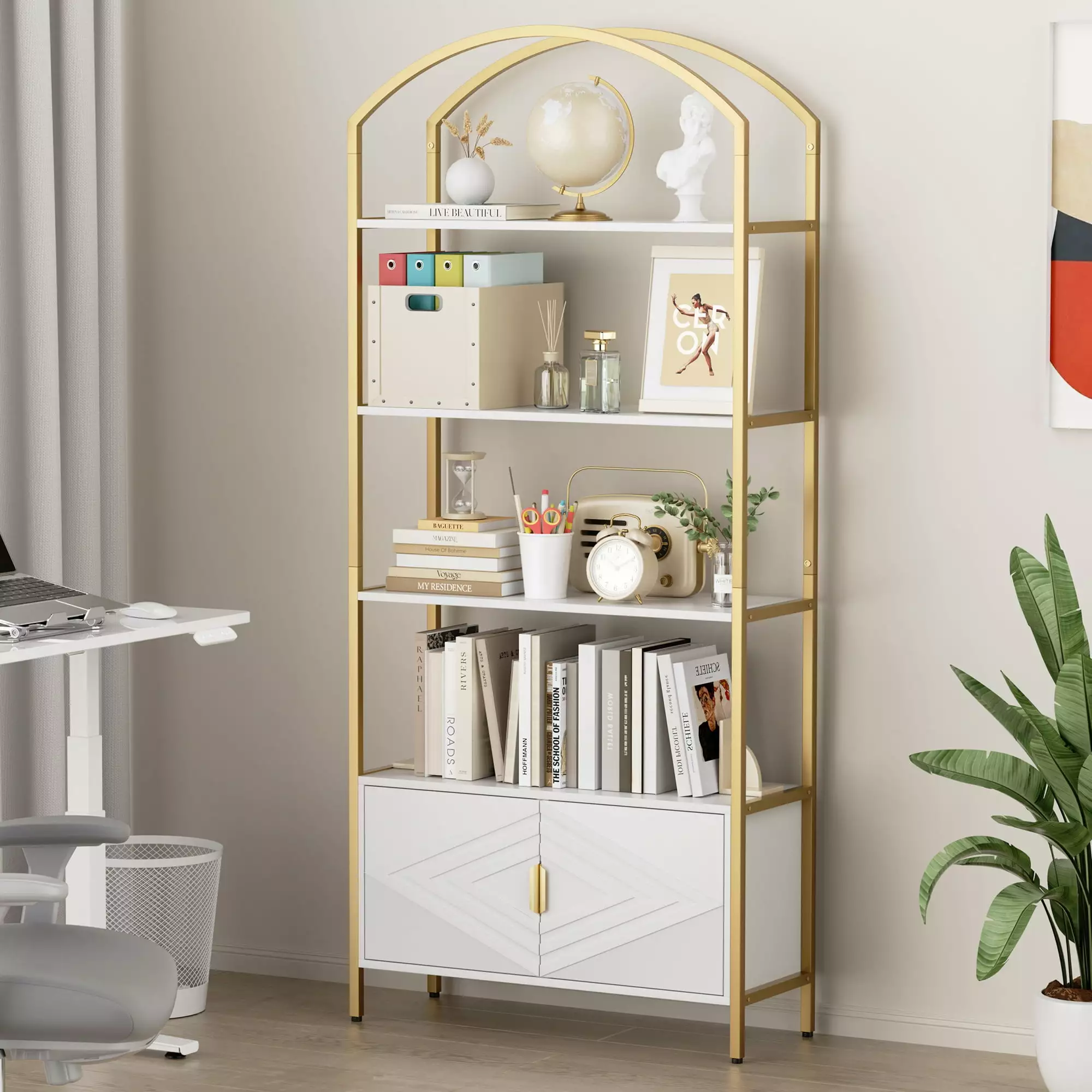 MARNUR 71 Tall 4-Tier Bookcase Storage Cabinet Elegant Arched Metal Bookcase Living Room Bedroom Home Office