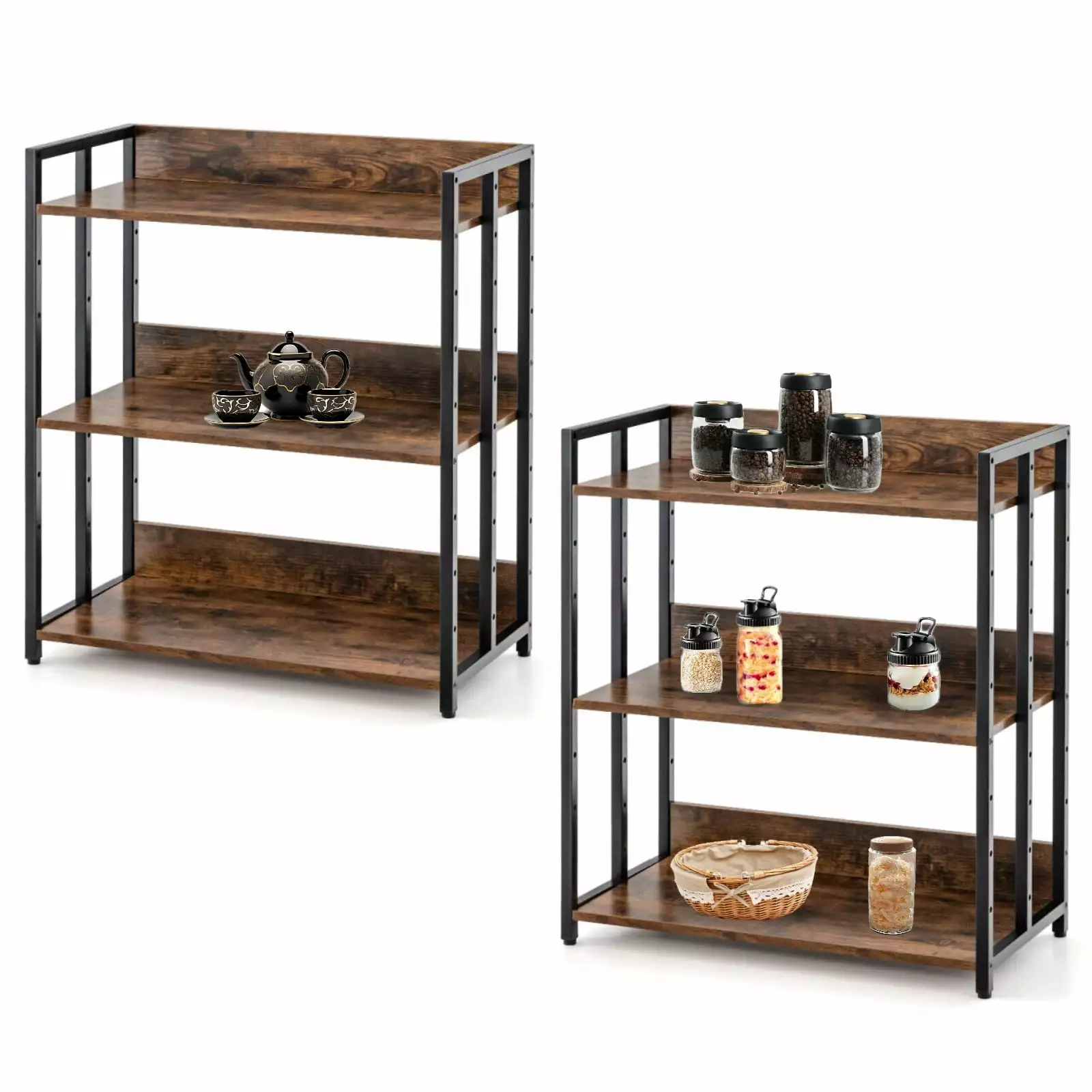 Amijoy 2 Pieces 3-Tier Metal Frame Corner Bookcase Adjustable Shelves Rustic Brown