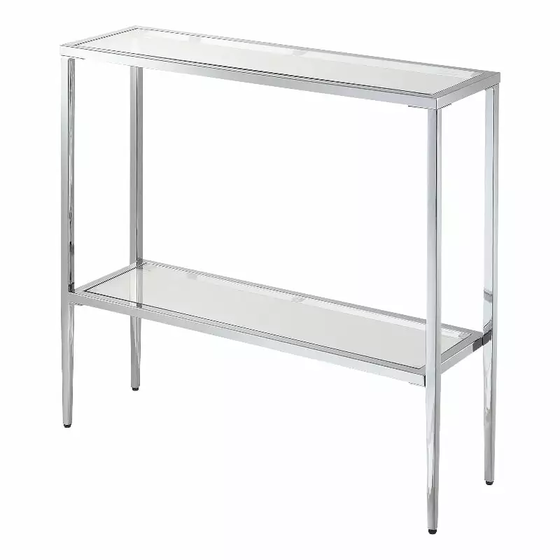 Pemberly Row Chrome Metal Entryway Hall Table Glass Shelf and Top Console