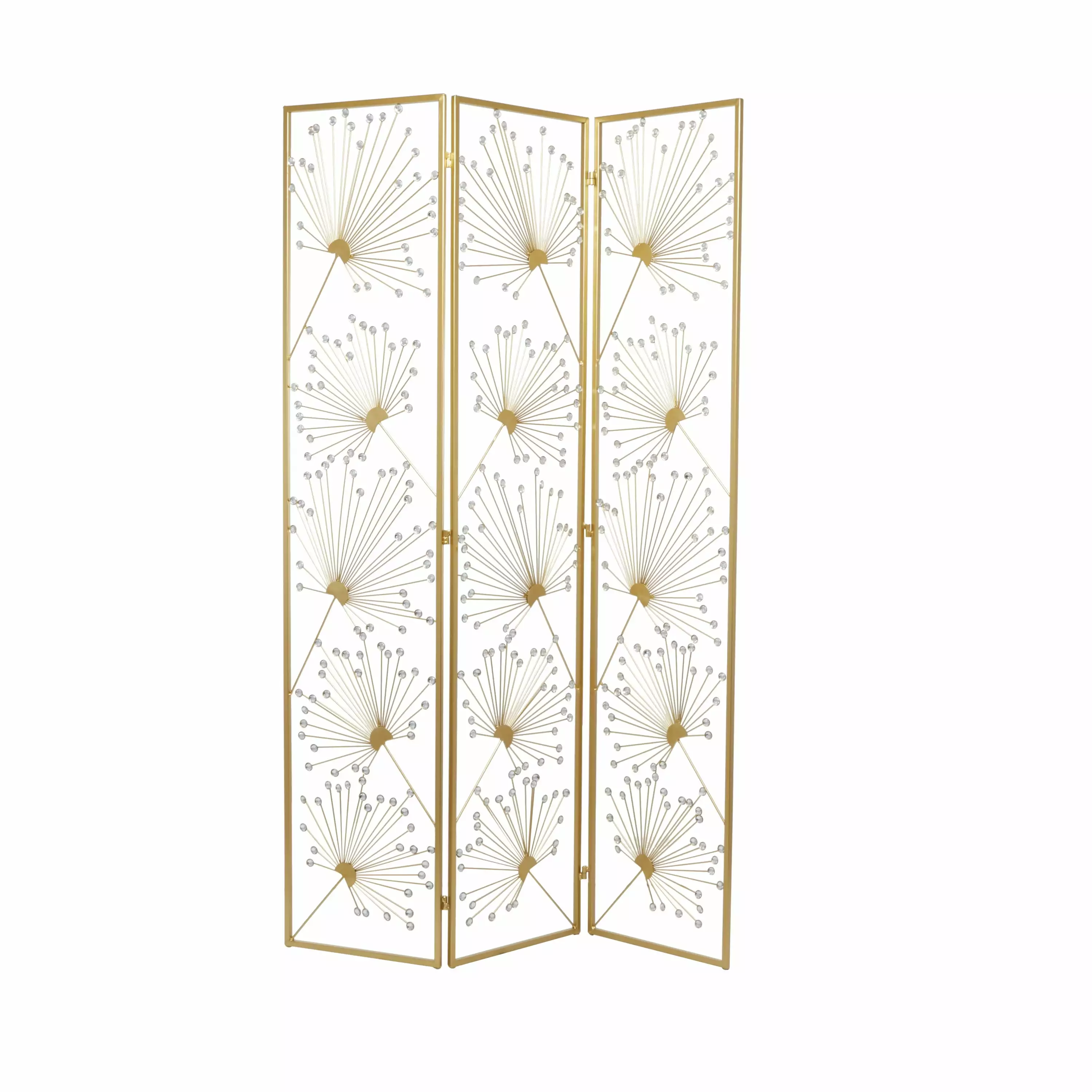 DecMode 46x71 Gold Metal Floral Room Divider Crystal Embellishments - 3 Panel
