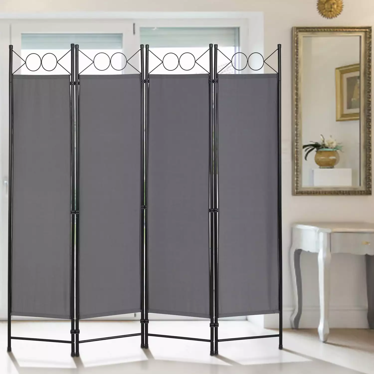 Dkelincs 4-Panel Room Divider Gray Steel Frame Folding Privacy Screen Living Room Office