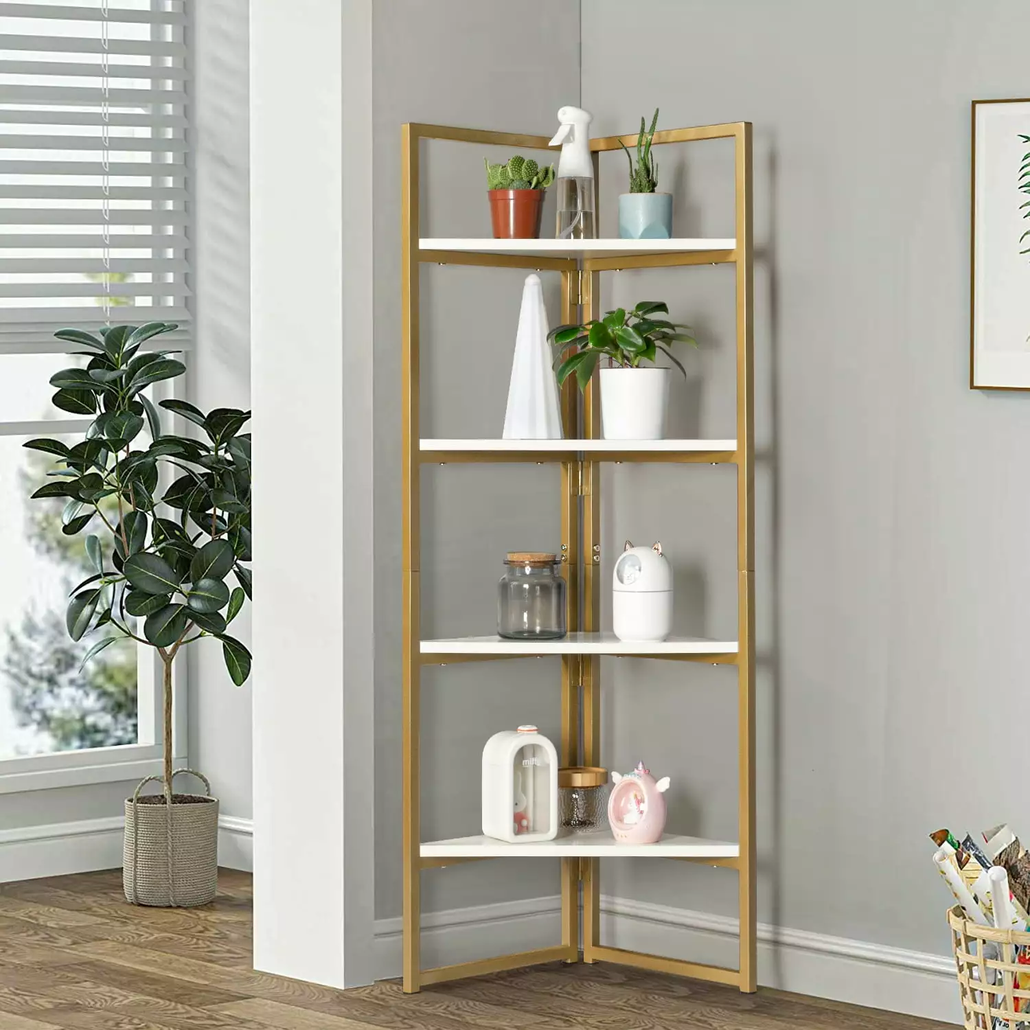Topcobe 4 Tier Metal Frame Freestanding Corner Shelf Bedroom Living Room 48 Modern Wall Corner Bookcase Home Office Gold