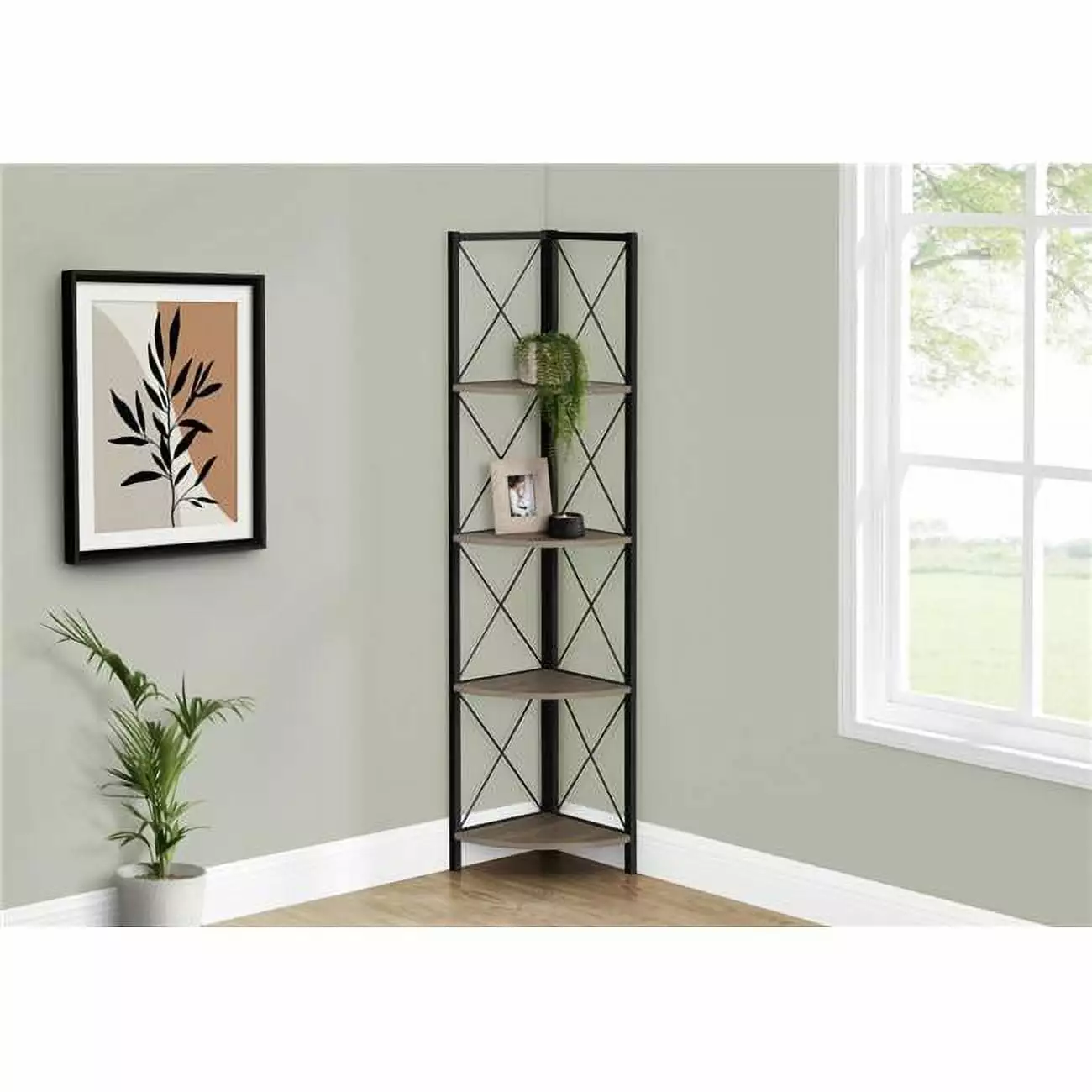 60 Bookcase Metal Corner Etagere Dark Taupe & Black Daphne's Dinnette