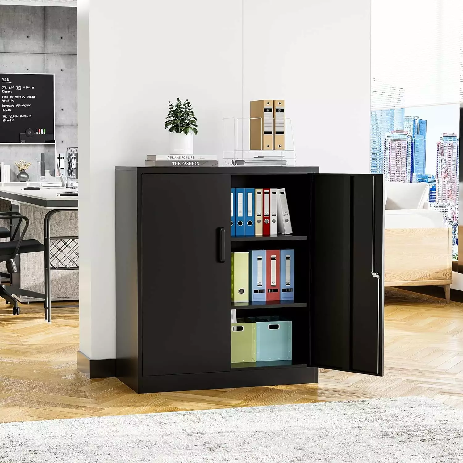 Metal Storage Cabinet 2 Doors Lockable Steel Cabinet Adjustable Shelves Office Home Garage XINGAN
