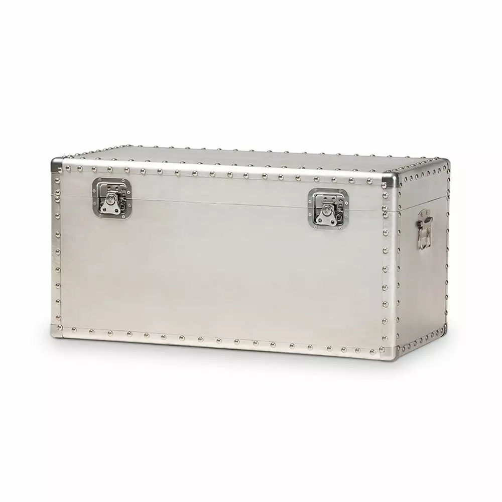 Baxton Studio Serge French Industrial Silver Metal Storage Trunk Vintage Decor Ottomans