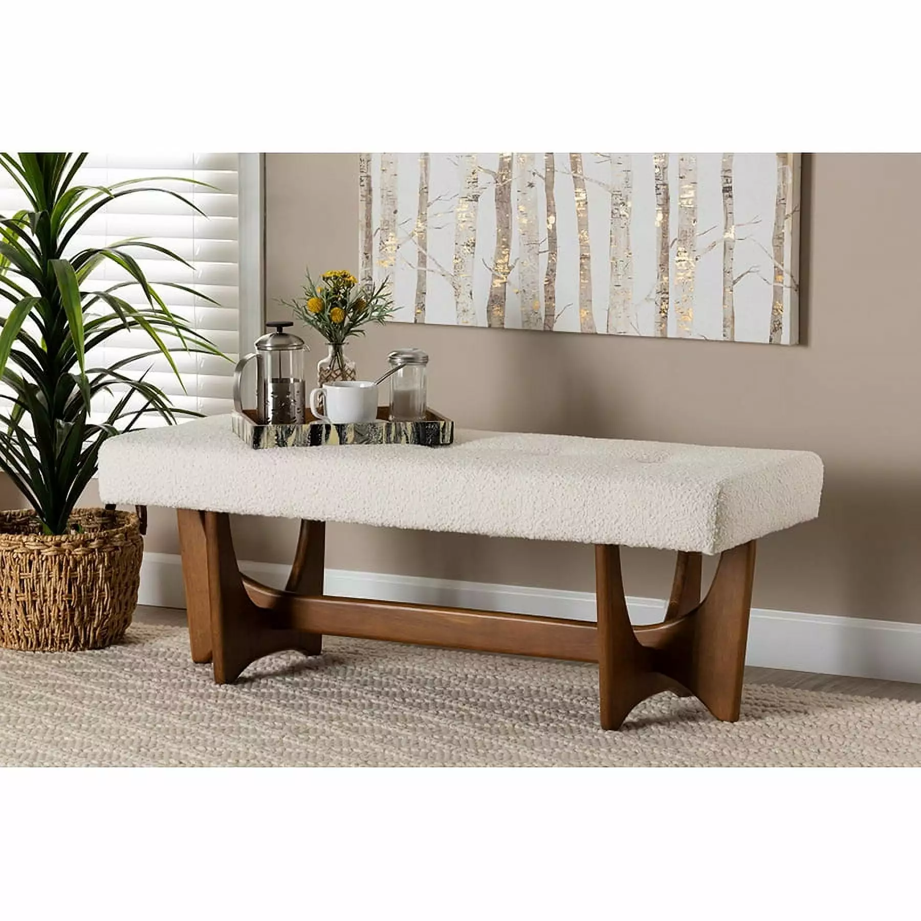 Baxton Studio Theo Japandi Cream Boucle Fabric and Walnut Wood Bench Mid-Century Modern Benches Wholesale Interiors