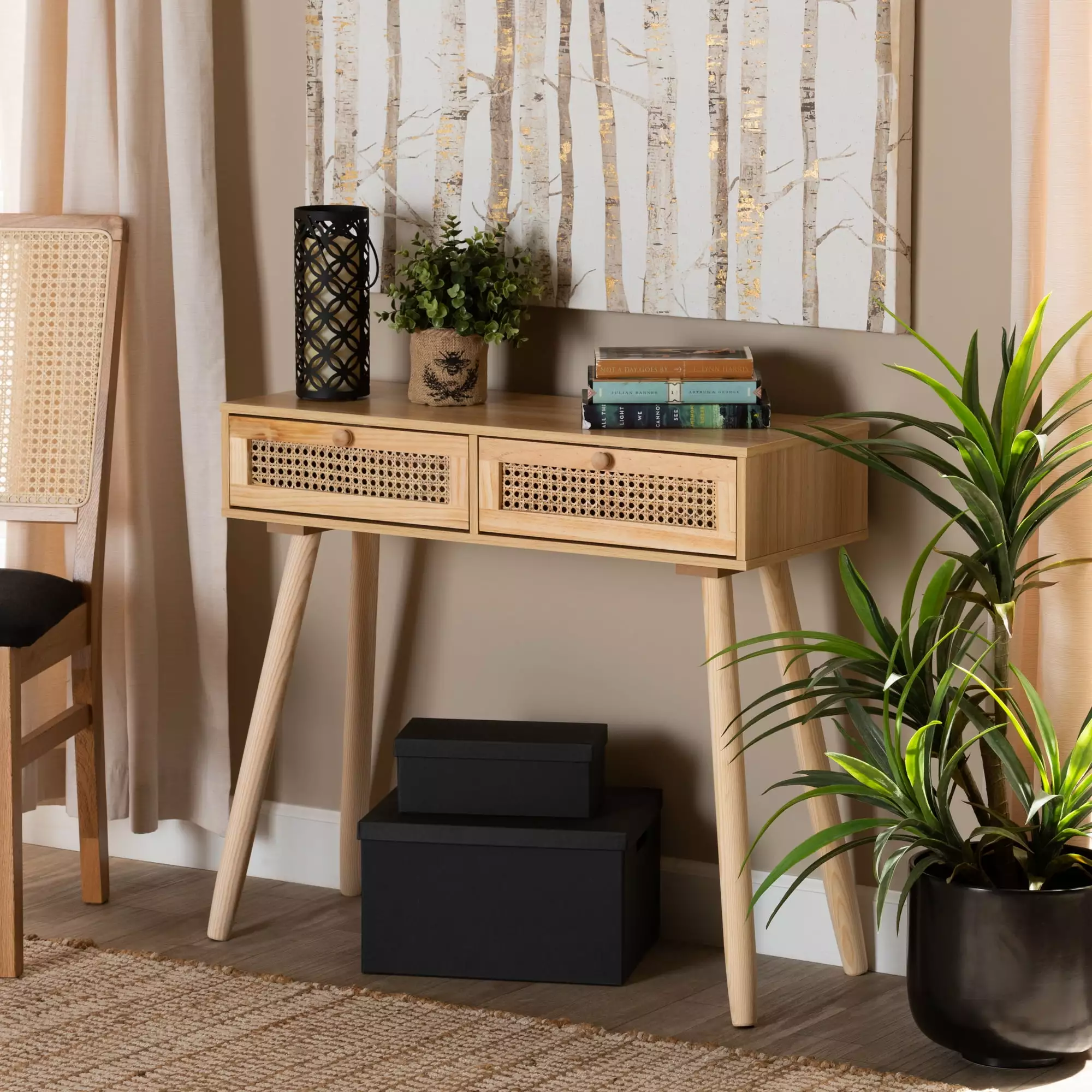 Baxton Studio Maclean Mid-Century Modern Rattan Brown Wood 2 Drawer Console Table Console