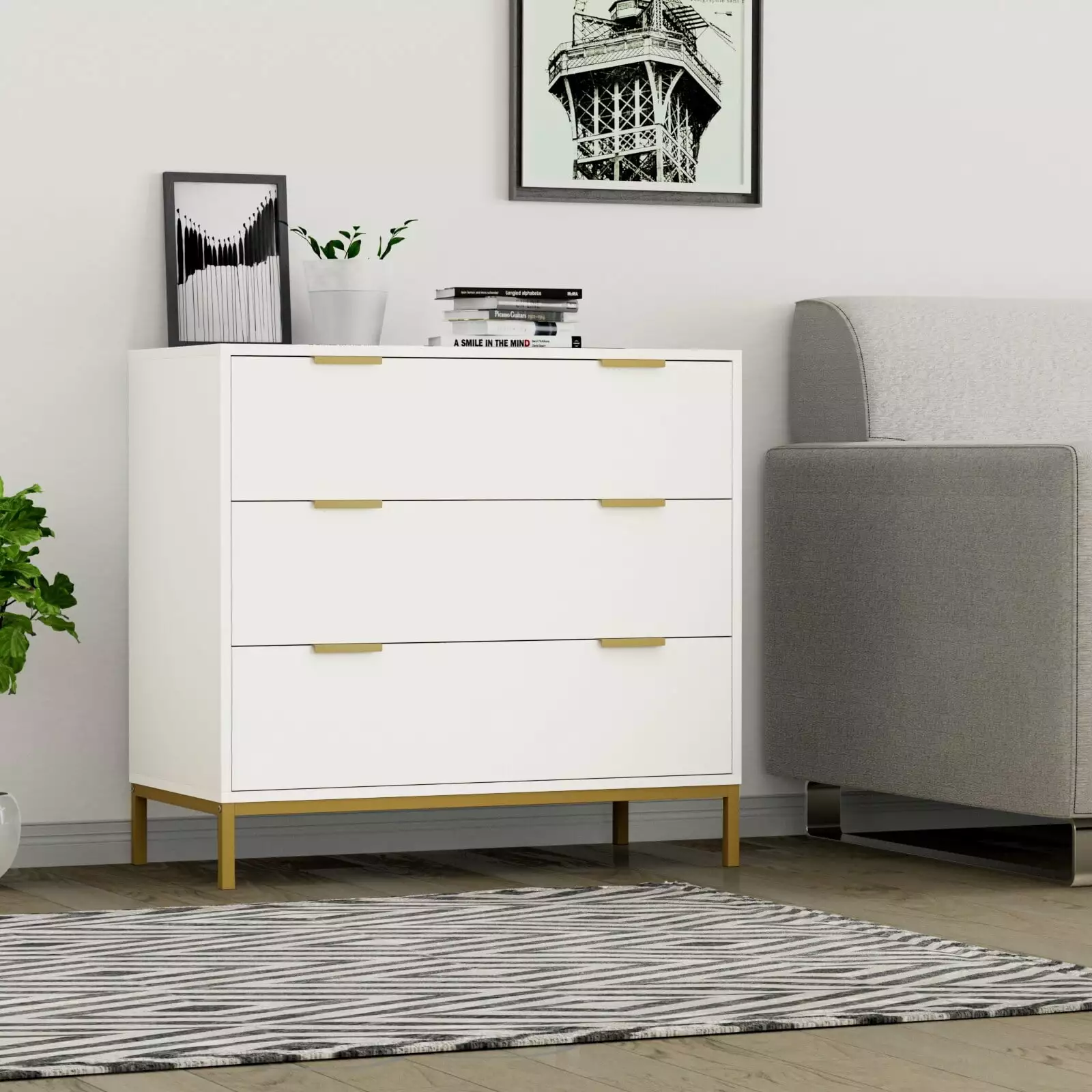 Anmytek White 3-Drawer Dresser Gold Metal Legs - Mid Century Modern Chest Drawers