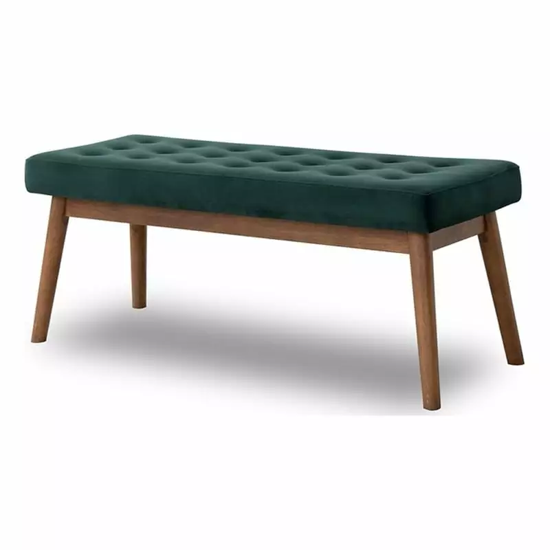 Ashcroft Rexton Mid-Century Modern Velvet Bench Green Living Room or Bedroom Benches