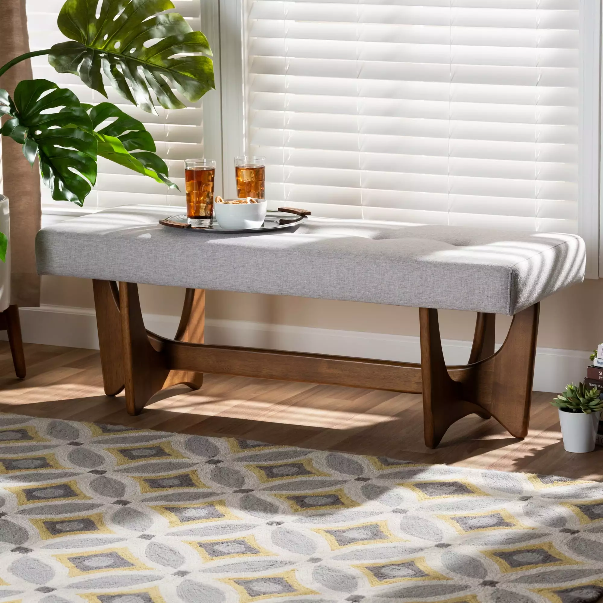 Baxton Studio Theo Mid-Century Modern Grayish Beige Fabric Upholstered Walnut Finished Bench Benches